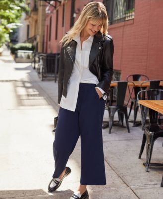 Women's Petite Sport Knit Elastic Waist Wide Leg Crop Pants