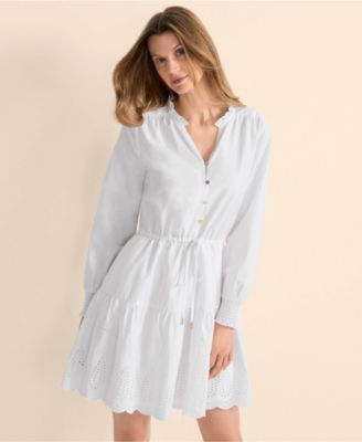 Women's Long Sleeve Eyelet Mini Popover Dress