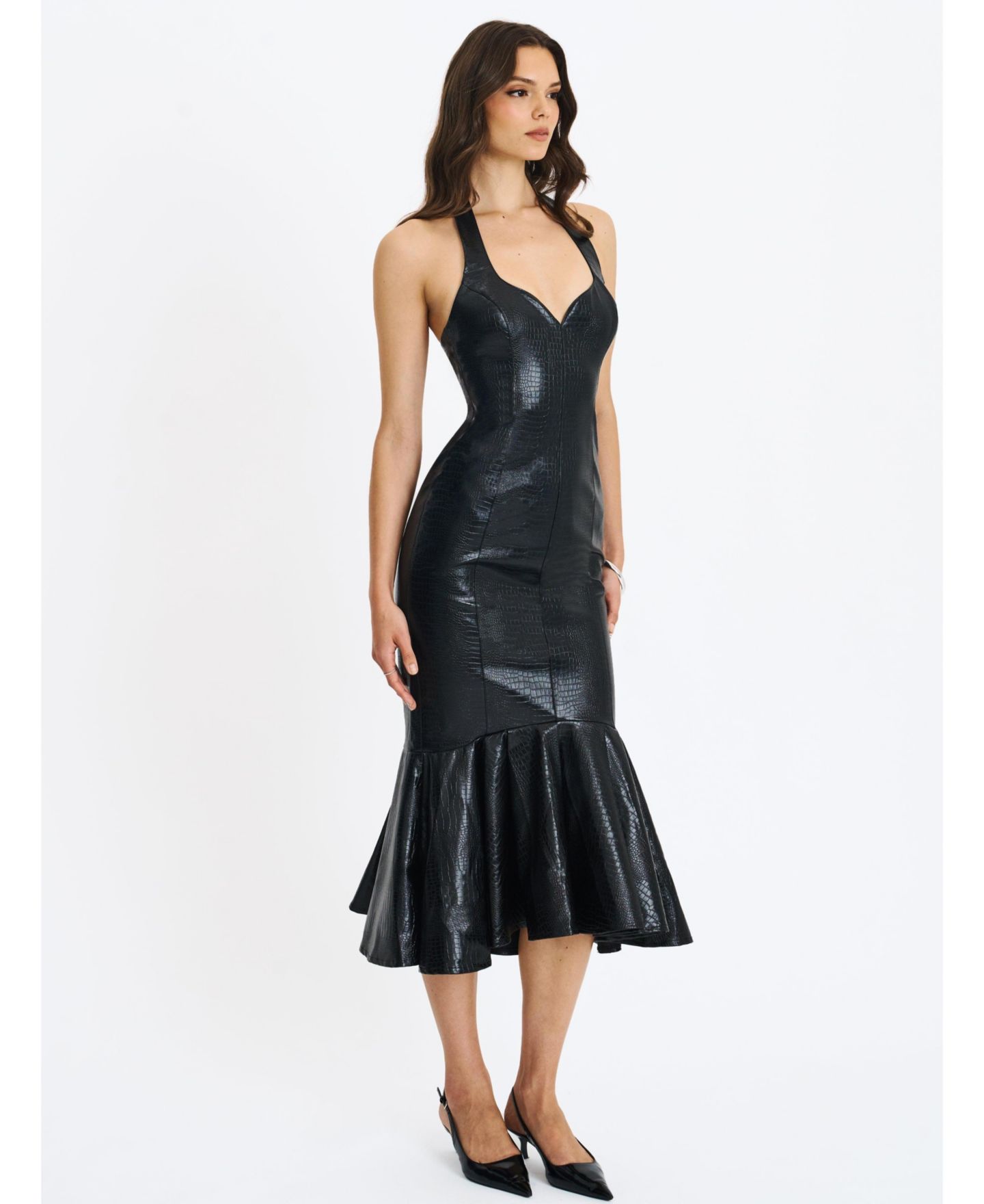 Женское платье Miss Circle Gardenia Black Leather Midi Sweetheart Halter Flared, цвет: Чёрный — фото 7