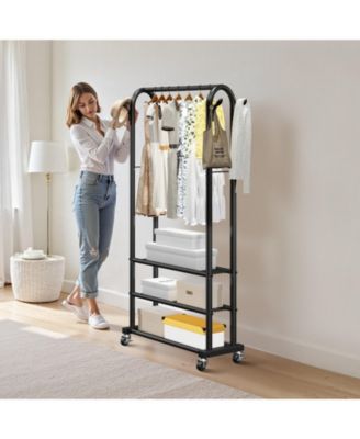 Rolling Clothes Rack with Hanging Rod, Side Hooks & 3 Shelves, 99 lb Capacity, Heavy-Duty Carbon Steel Garment Rack