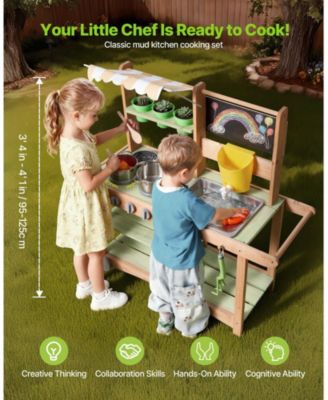Kids Outdoor Mud Kitchen, Wooden Play Kitchen with Sink, Sunshade Canopy & Swivel Wheels, Spoons, Cookware Pots & Accessories