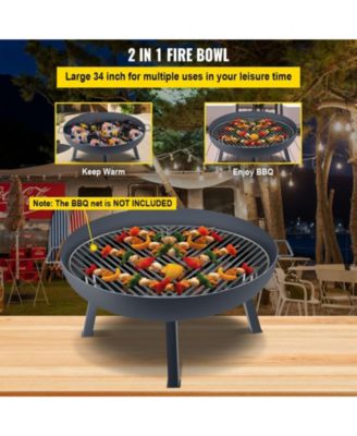 34-Inch Round Carbon Steel Fire Pit Bowl, Wood Burning Fire Bowl with Drain Hole, Portable Handles and Firewood Stick, Black