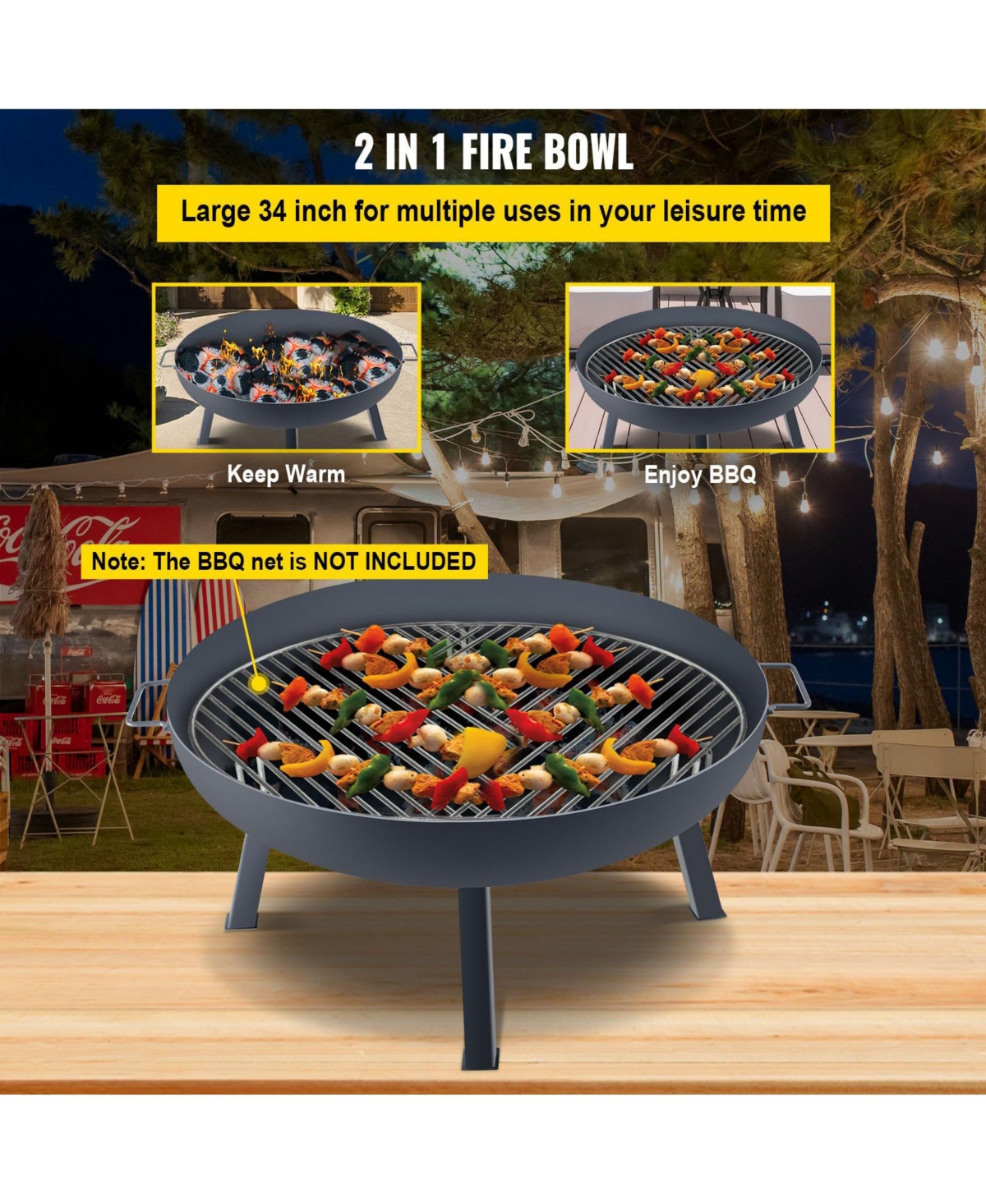 Ecooso 34-Inch Round Carbon Steel Fire Pit Bowl, Wood Burning Fire Bowl with Drain Hole, Portable Handles and Firewood Stick, Black