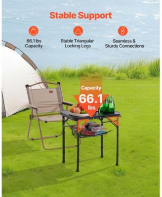 Folding Camping Table, Adjustable Height Aluminum & MDF with Mesh Shelf, Carry Handle, 24x16", Black