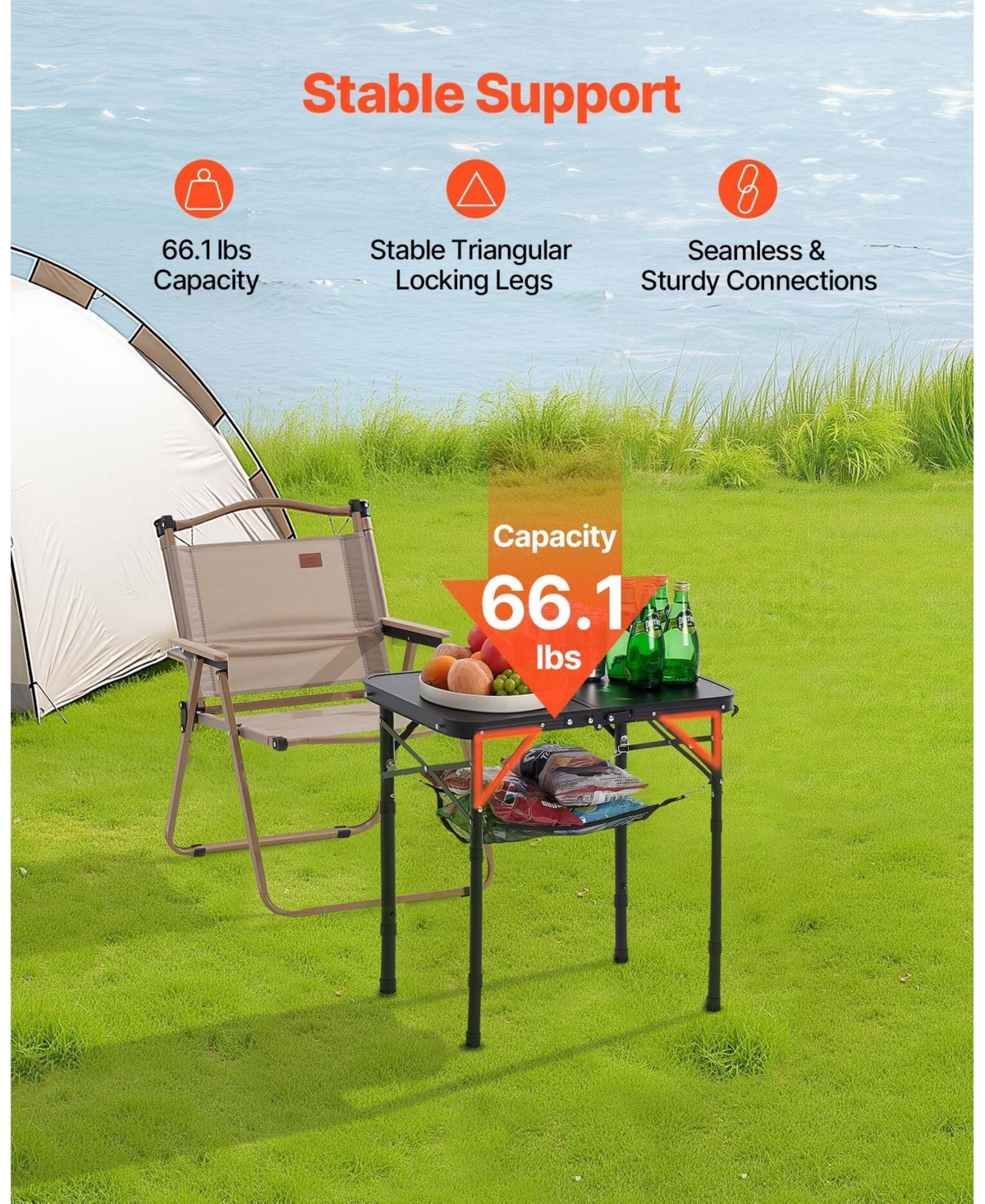 Mecale Folding Camping Table, Adjustable Height Aluminum & Mdf with Mesh Shelf, Carry Handle, 24x16", Black