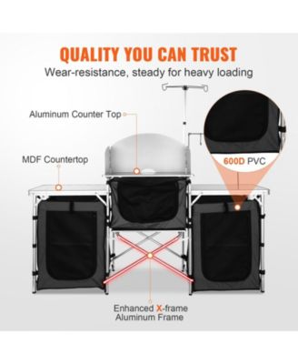 Camping Kitchen Table, Folding Outdoor Cook Station with 3 Cupboards & Windscreen, Carry Bag, Black