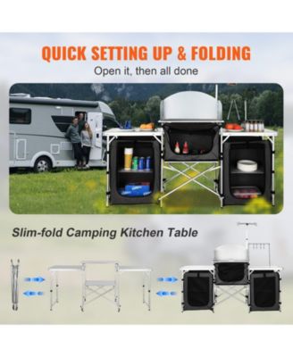 Camping Kitchen Table, Folding Outdoor Cook Station with 3 Cupboards & Windscreen, Carry Bag, Black