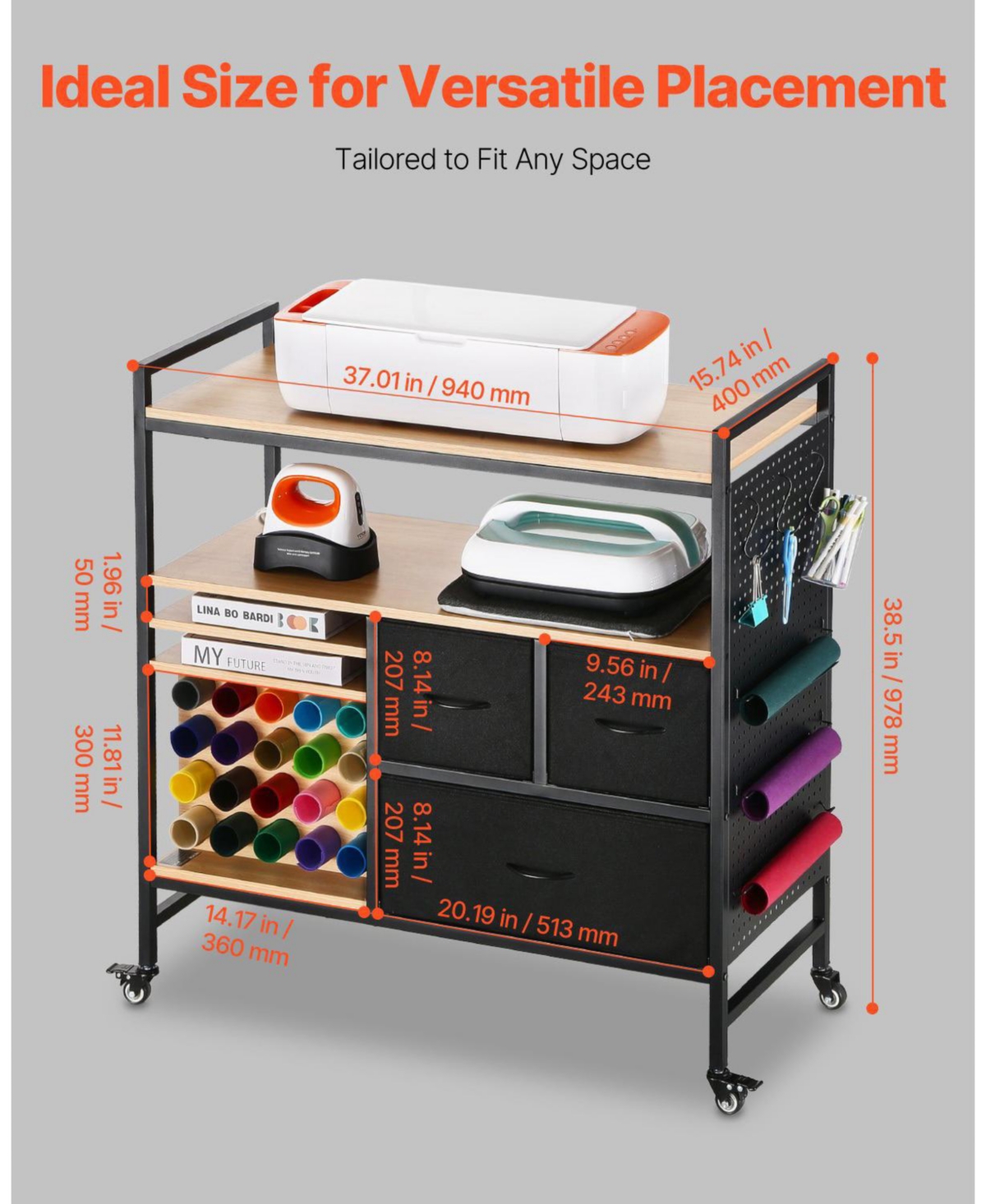 Mecale Rolling Craft Cart & Storage Table for Cricut Machines, 20 Vinyl Roll Holders, 3 Drawers, Craft Organizer Workstation, Black