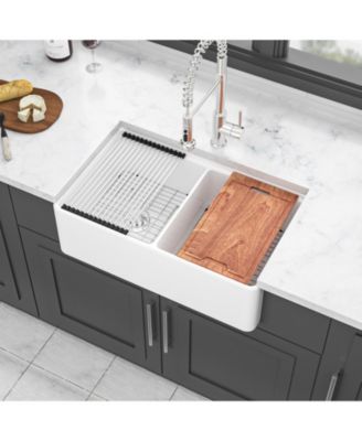 huluwat 33x20x10inch White Farmhouse Sink Ceramic Porcelain Double Bowl Workstation Kitchen
