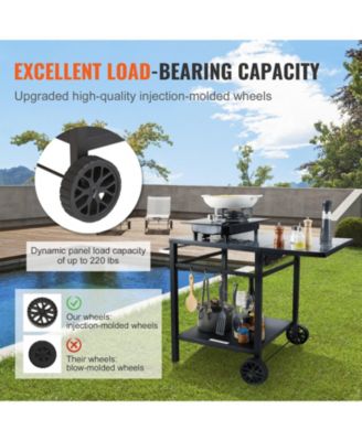 Outdoor Grill Prep Cart, Double-Shelf Folding Iron Table with Wheels, Carry Handle, for BBQ & Pizza Oven