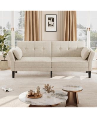 89" Chenille Futon Sofa Bed, Modern Convertible Sleeper Couch with Adjustable Backrest & Armrests, 3-Seat Sofa with 2 Pillows for Apartment