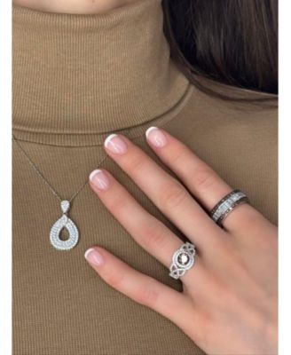 Suzy Levian Sterling Silver Cubic Zirconia Triple Row Tear Drop Dangle Pendant Necklace