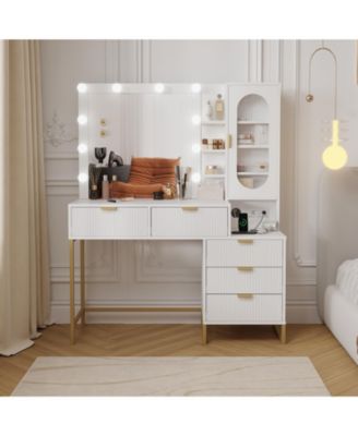 Vanity Benches, Modern Makeup Vanity Desk with Adjustable Mirror, Built in Charging Station
