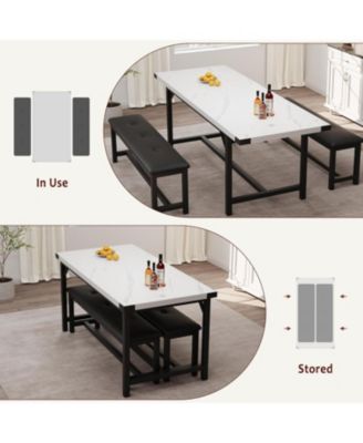 3-Piece Extendable Dining Table Set for 4-6, Marble White Table with 2 Upholstered Benches, Space-Saving Kitchen & Dining Room Set
