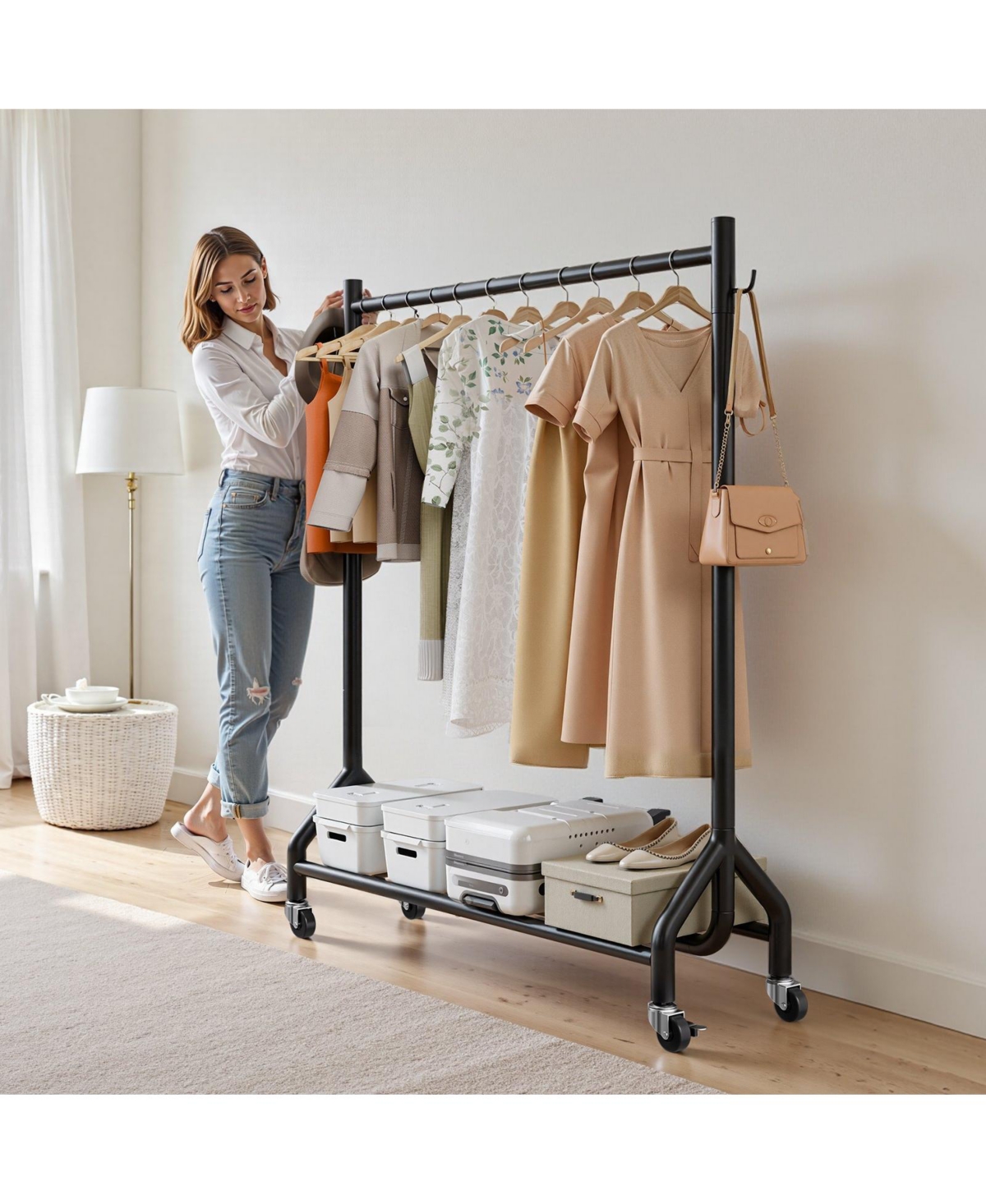 Ecooso Rolling Clothes Rack with Hanging Rod & Side Hooks, 198 lb Capacity, Heavy-Duty Carbon Steel Garment Rack with Wheels