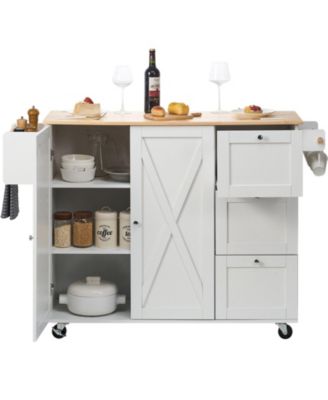 Kitchen Island Cart with Solid Wood Top, 45.3" Wide, Storage Cabinet, Drop Leaf, Drawer, Spice Rack, Towel Rack, Rolling, White