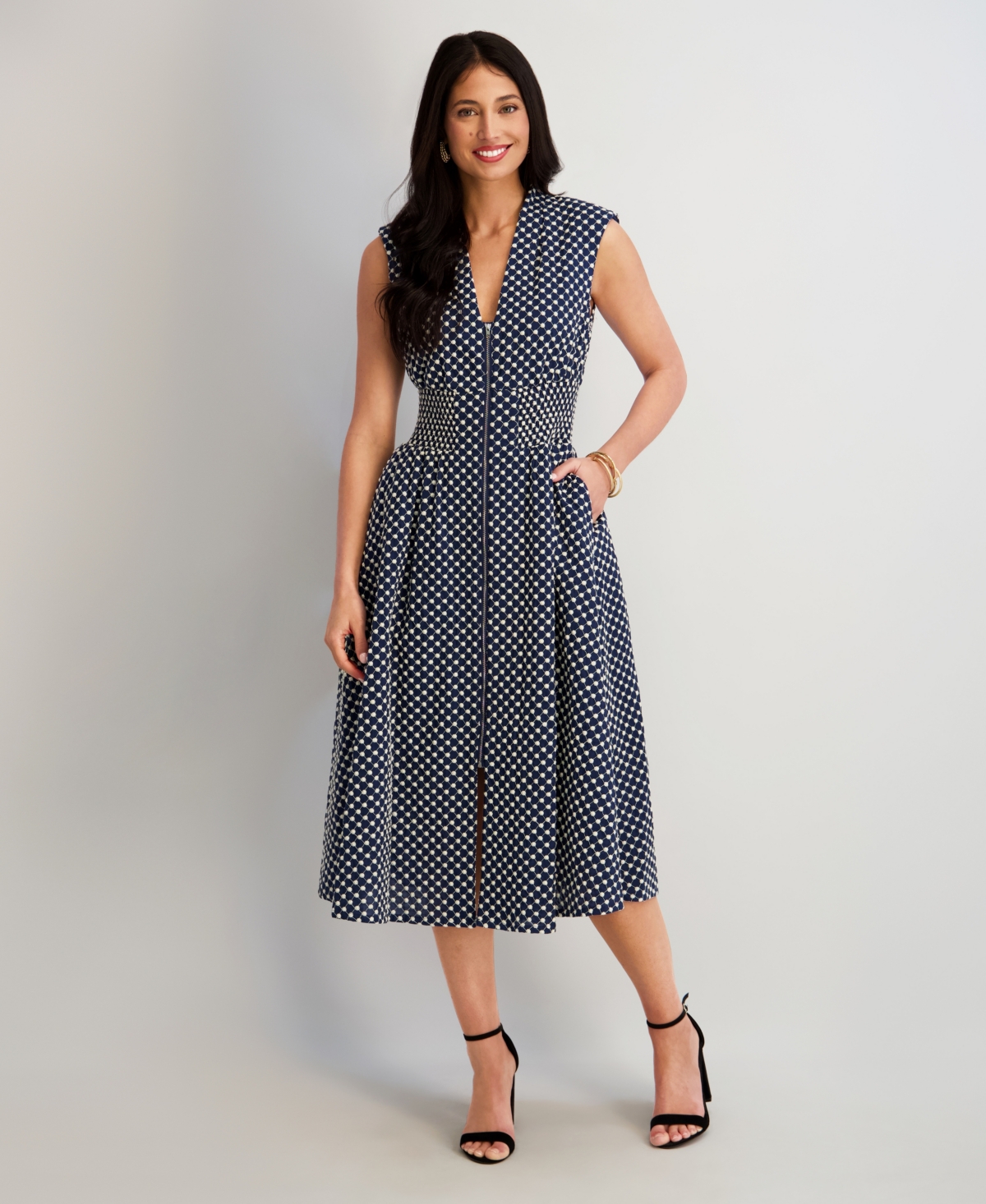 kensie Women's Embroidered Cotton Midi Dress - Navy/ivory