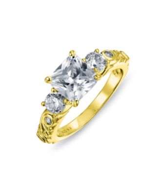 Art Deco 3CT CZ Princess Cut 3 Stone Past Present Future Ring Set Gold Plated