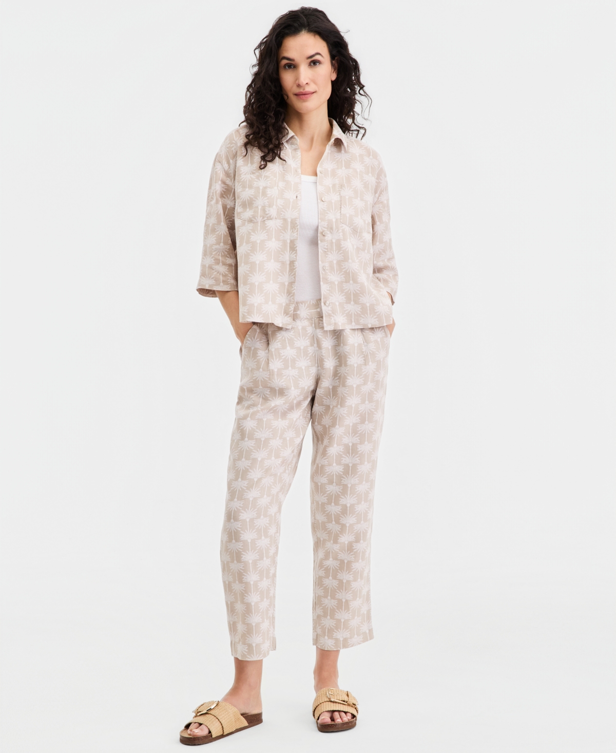 Charter Club Women's 100% Linen Print Roll-Tab Camp Shirt, Created for Macy's