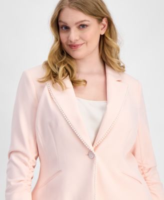 Plus Size Faux-Pearl-Trim Ruched-Sleeve Blazer