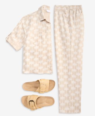 Women's 100% Linen Print Roll-Tab Camp Shirt