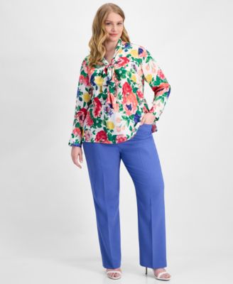 Plus Size Floral Print Tie-Neck Blouse 