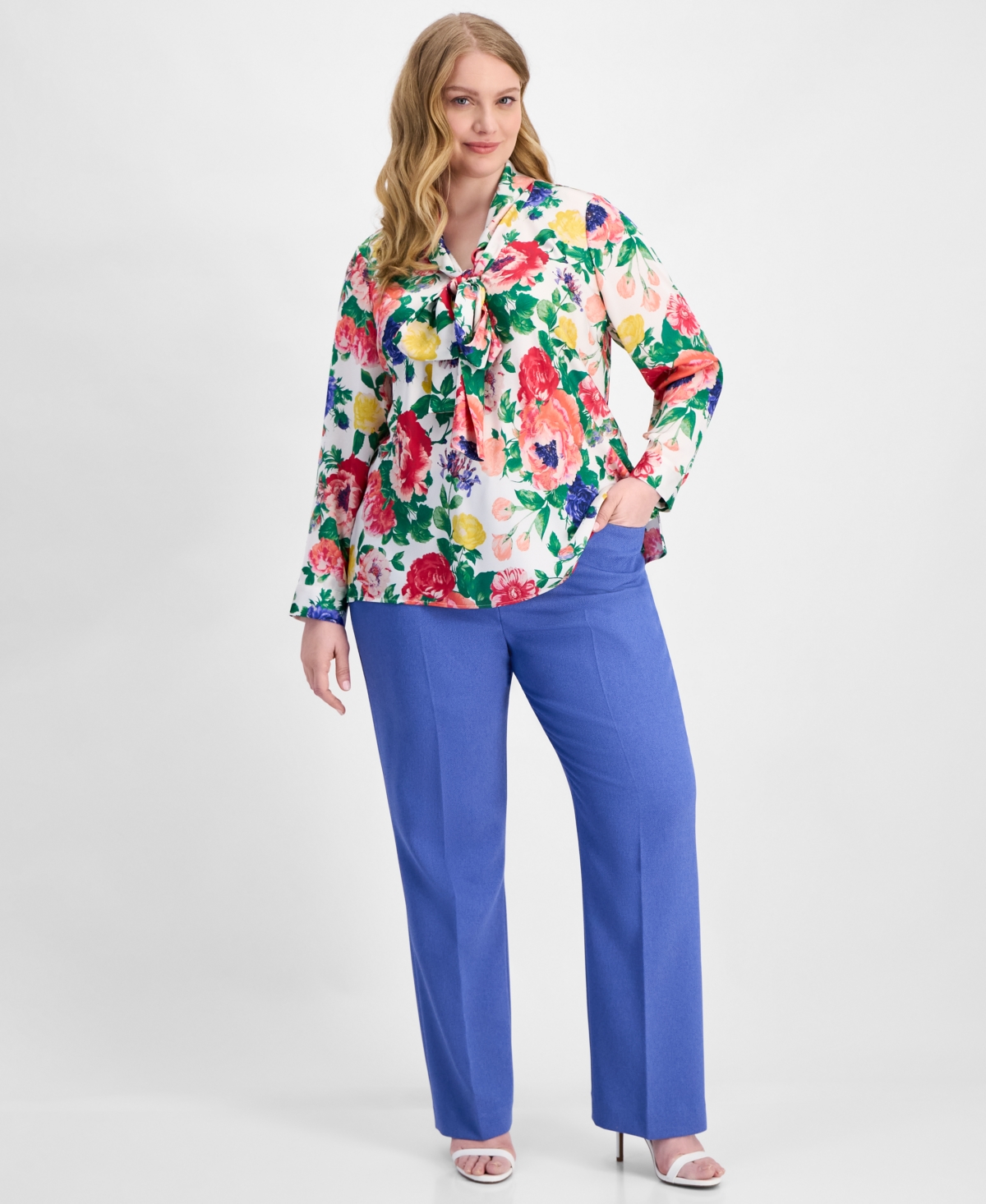 Tahari Asl Plus Floral Print Tie-Neck Blouse
