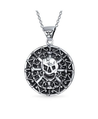 Coin Medallion Pirates Skull Pendant Necklace Oxidized Sterling Silver