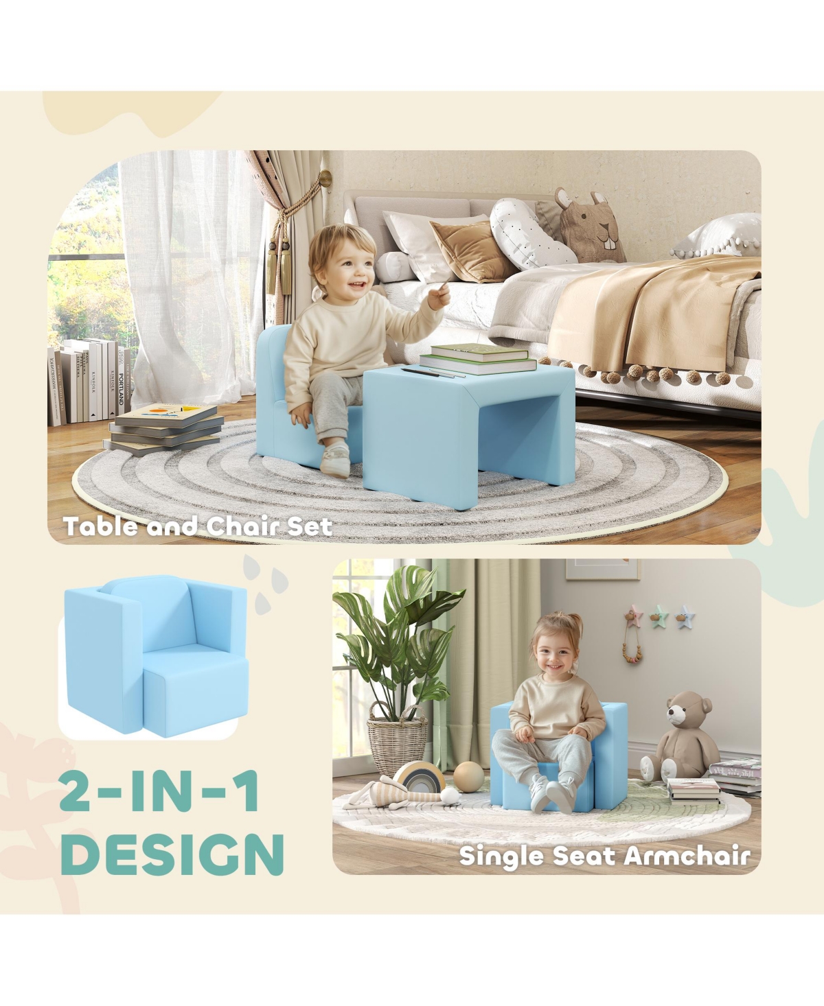 Qaba 2-in-1 Kids Sofa, Convertible Table and Chair Set, Light