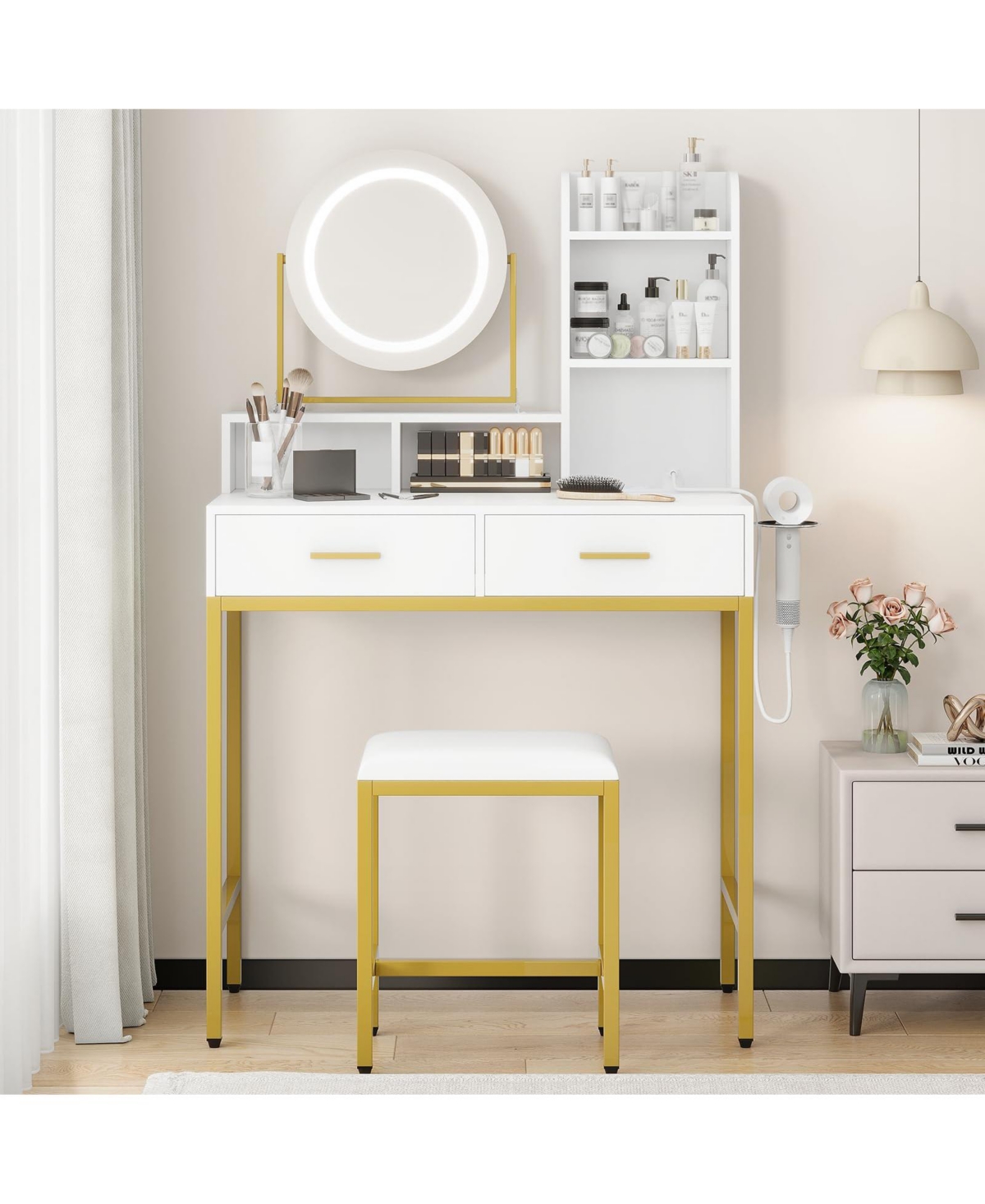 gaomon Vanity Desk with Rotating Mirror & Adjustable Light, Makeup Dressing Table with Power Outlet, 2 Drawers & Shelves, Includes Stool for Bedroom