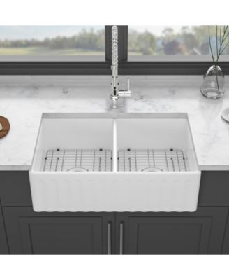 huluwat 33x20x10inch White Farmhouse Sink Ceramic Porcelain Double Bowl Reversible Design