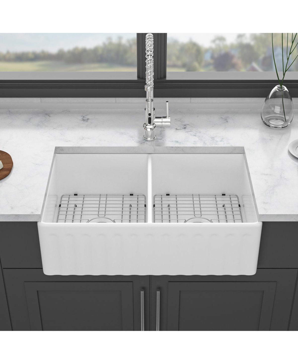 Flynama huluwat 33x20x10inch White Farmhouse Sink Ceramic Porcelain Double Bowl Reversible Design