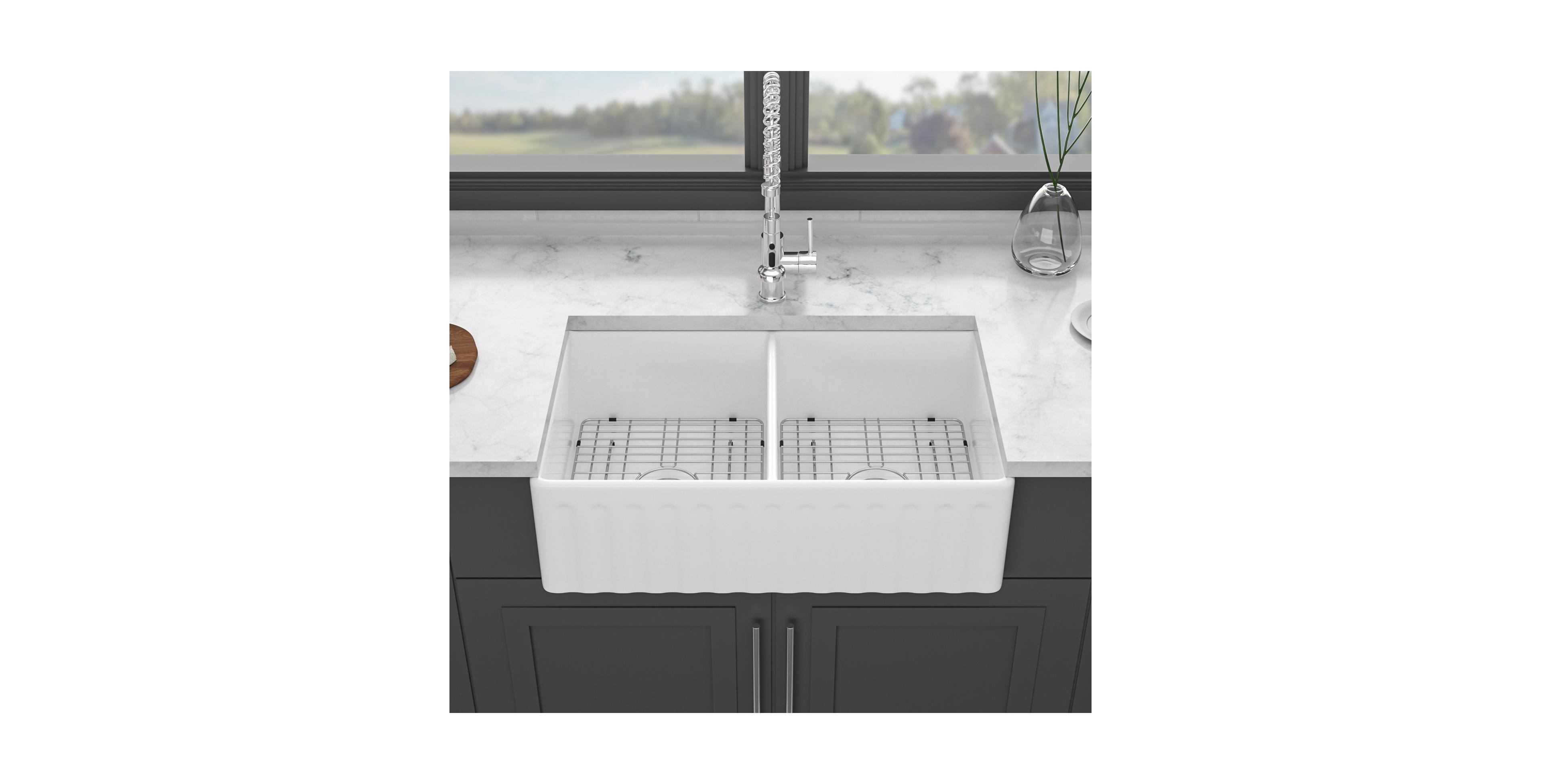 Flynama huluwat 33x20x10inch White Farmhouse Sink Ceramic Porcelain Double Bowl Reversible Design