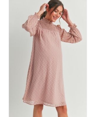 Maternity Smocked Neck Long Sleeve Textured Dot Dress