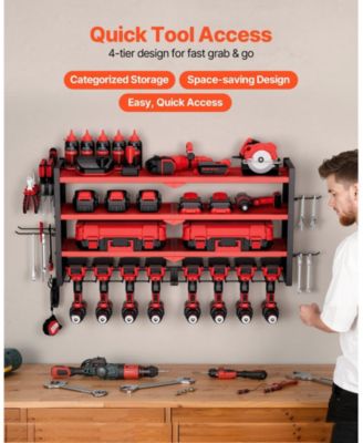 Wall-Mount Power Tool Organizer, 4-Tier Storage Rack with 8 Drill Holders, Side Pegboards, Garage Tool Storage Rack