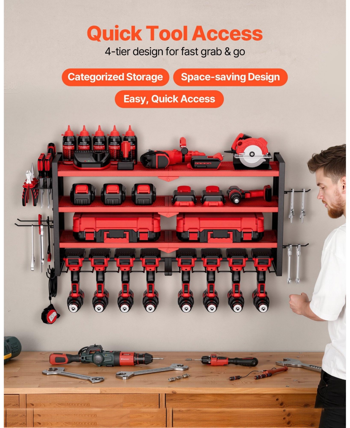 Mecale Wall-Mount Power Tool Organizer, 4-Tier Storage Rack with 8 Drill Holders, Side Pegboards, Garage Tool Storage Rack