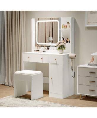 Makeup Vanity Desk with LED Mirror & Power Outlet,Vanity Set with Storage Drawers,Shelves & Stool