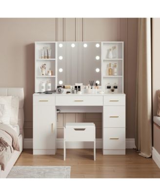 Farmhouse Vanity Set with Lighted Mirror,56 Inch Modern Makeup Vanity with Charging Station&Storage Shelves