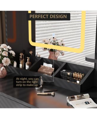 Vanity Desk and Stool with Mirror and Lights，Makeup Vanity with Charging Station, Drawers