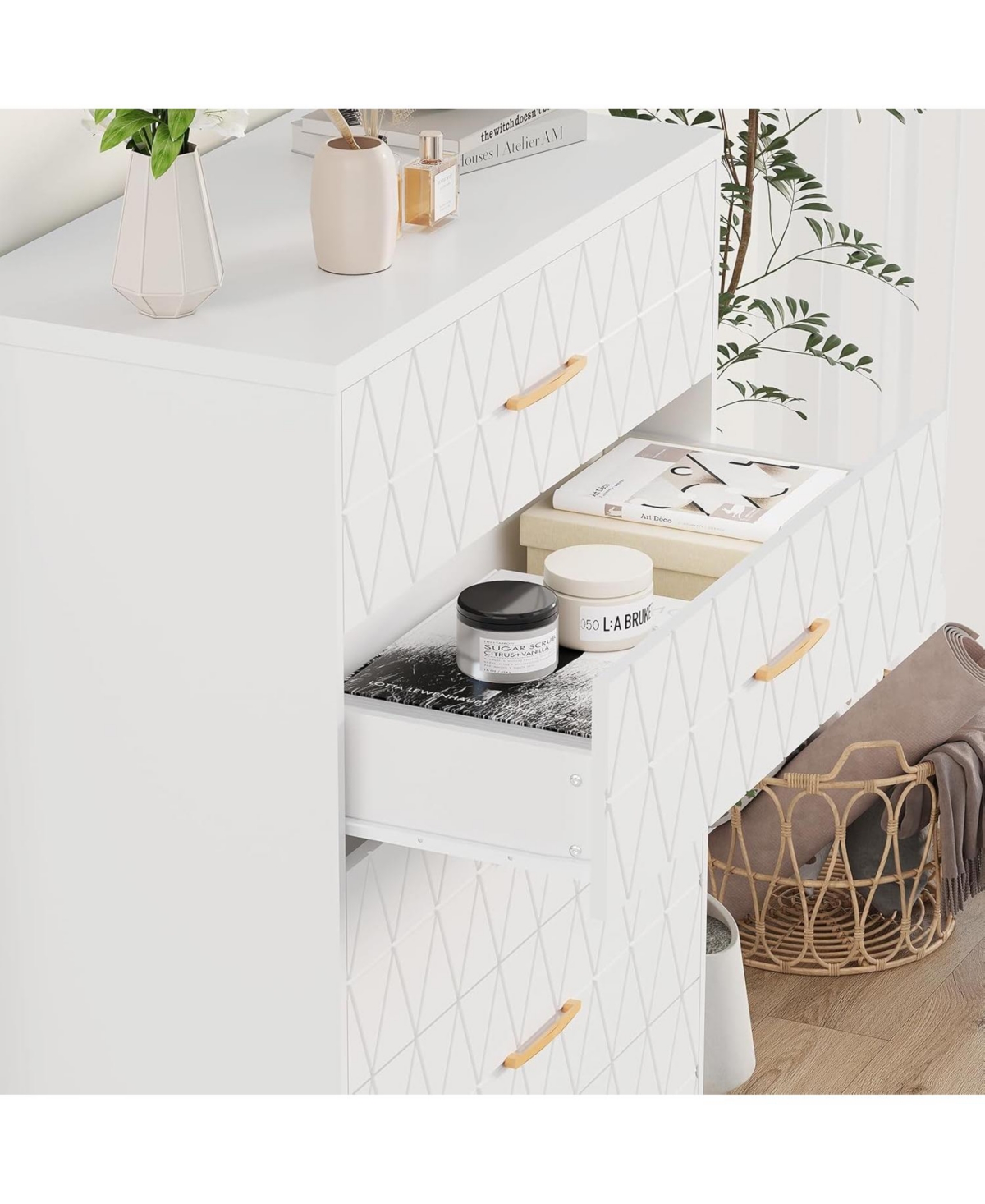 gaomon 5 Drawer Tall Wood Dresser for Bedroom, Wooden Chest of Drawers with Gold Handles Closet