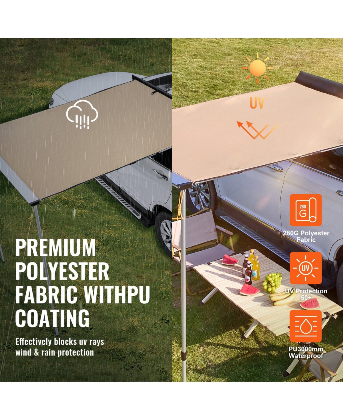 Mecale Car Side Awning, 6.6' x 8.2' Shade Coverage Vehicle Awning, PU3000mm UV50+ Retractable Awning with Storage Bag, Height Adjustable