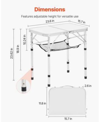 Folding Camping Table, Adjustable Height Aluminum & MDF with Mesh Shelf, Carry Handle, 24x16", Silver