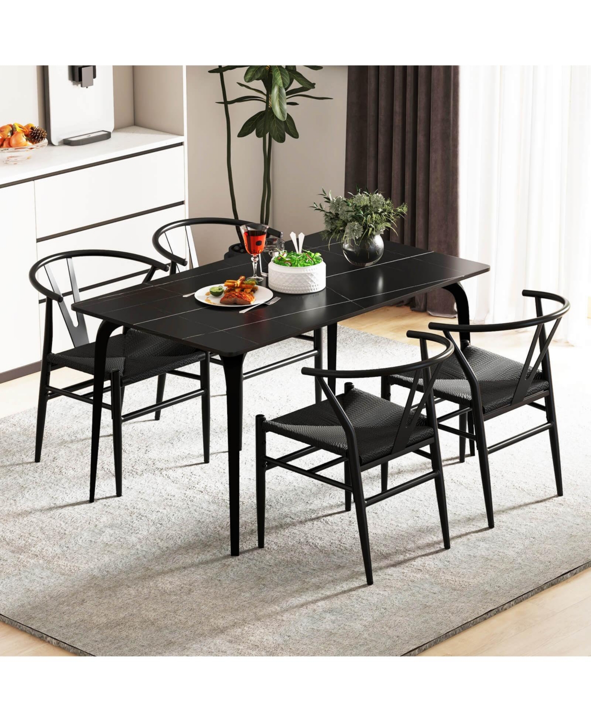 Costway Modern Dining Chair Weave Kitchen Armchairs with Y-Shaped Curved Backrest