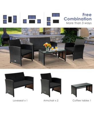 4PCS Patio Rattan Furniture Set with Cushions and Table