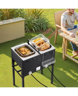 Outdoor Propane Deep Fryer, Dual-Tank 16QT x2, Stainless Steel Fryer with 3 Baskets, Thermometer, 50,000 BTU, Floor Standing