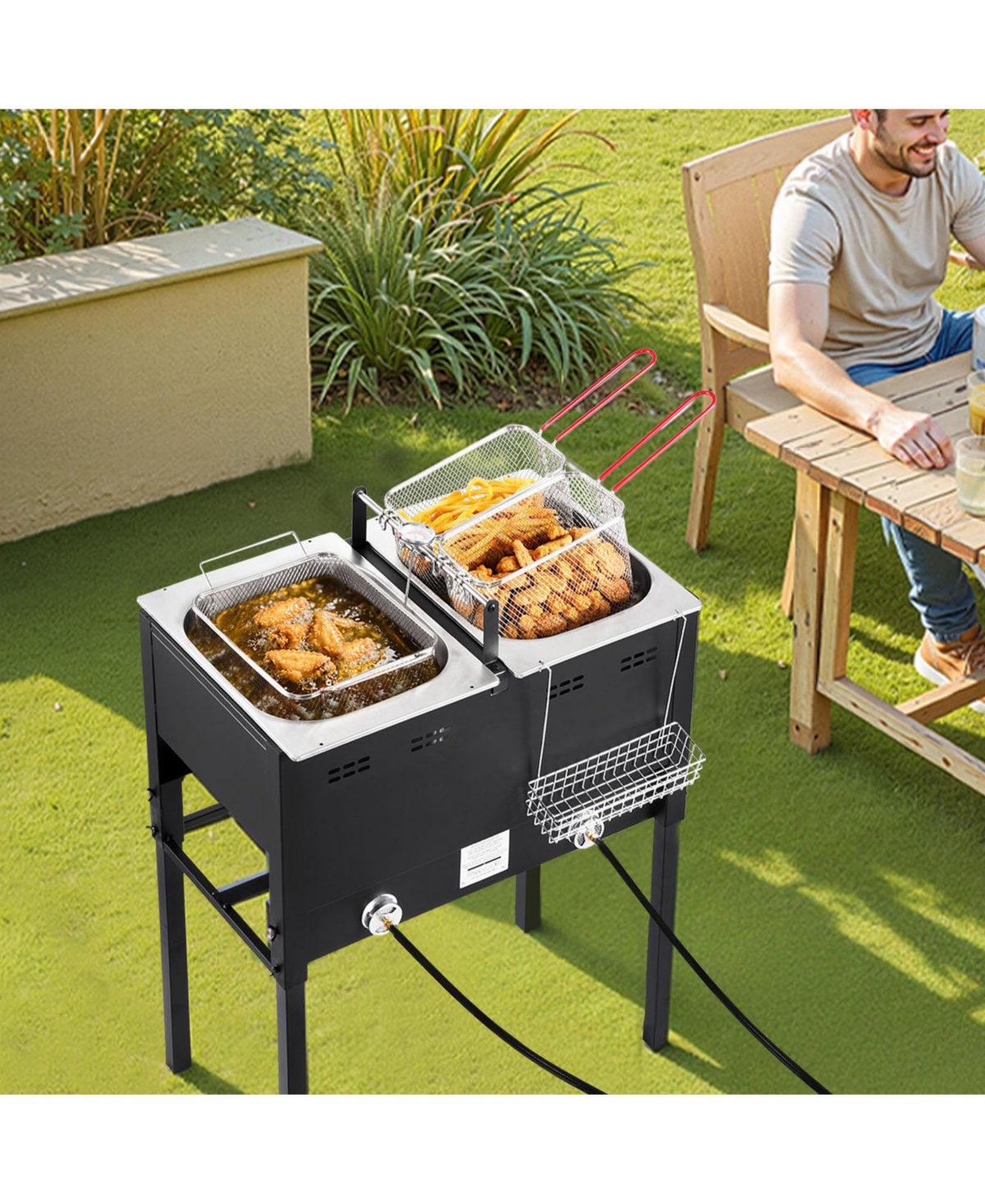 Ecooso Outdoor Propane Deep Fryer, Dual-Tank 16QT x2, Stainless Steel Fryer with 3 Baskets, Thermometer, 50,000 Btu, Floor Standing