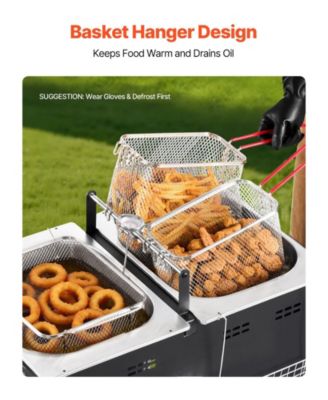 Outdoor Propane Deep Fryer, Dual-Tank 16QT x2, Stainless Steel Fryer with 3 Baskets, Thermometer, 50,000 BTU, Floor Standing