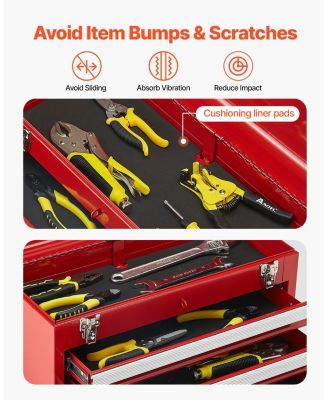 Metal Tool Box, 3-Drawer Portable Tool Chest, EVA Liners, Locking, Ball-Bearing Slides