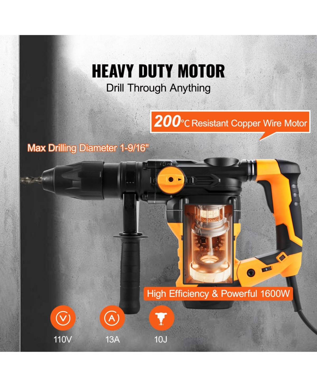 Mecale 1-9/16" Sds-Max Rotary Hammer Drill, 13 Amp Corded, Variable Speed, Vibration Control, Safety Clutch, Demolition Hammer