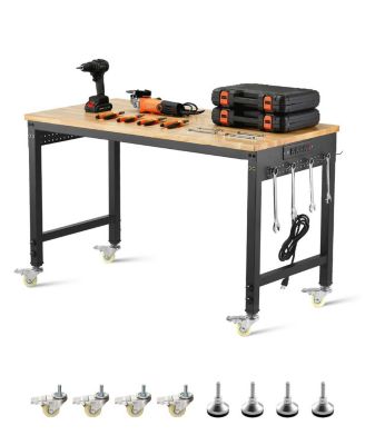 48" Adjustable Workbench, 2000 lb Load, Oak Wood Top Work Table with Power Outlet, Pegboard & Wheels, Heavy-Duty Work Bench